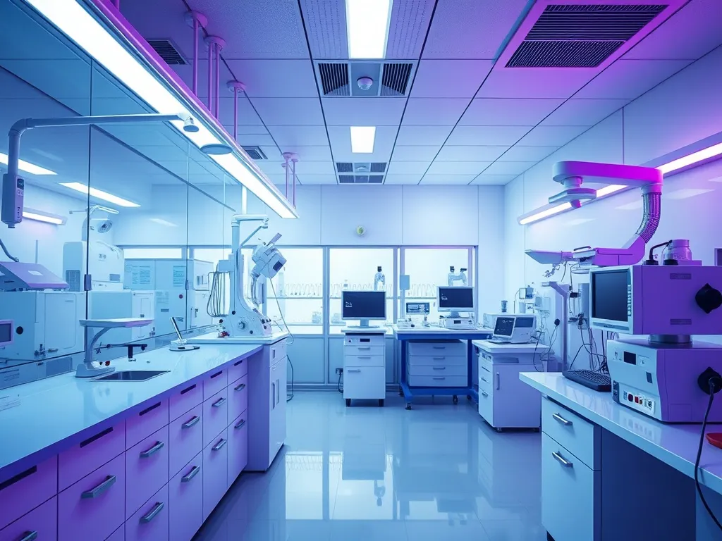 A high-tech medical laboratory with blue and violet diagnost