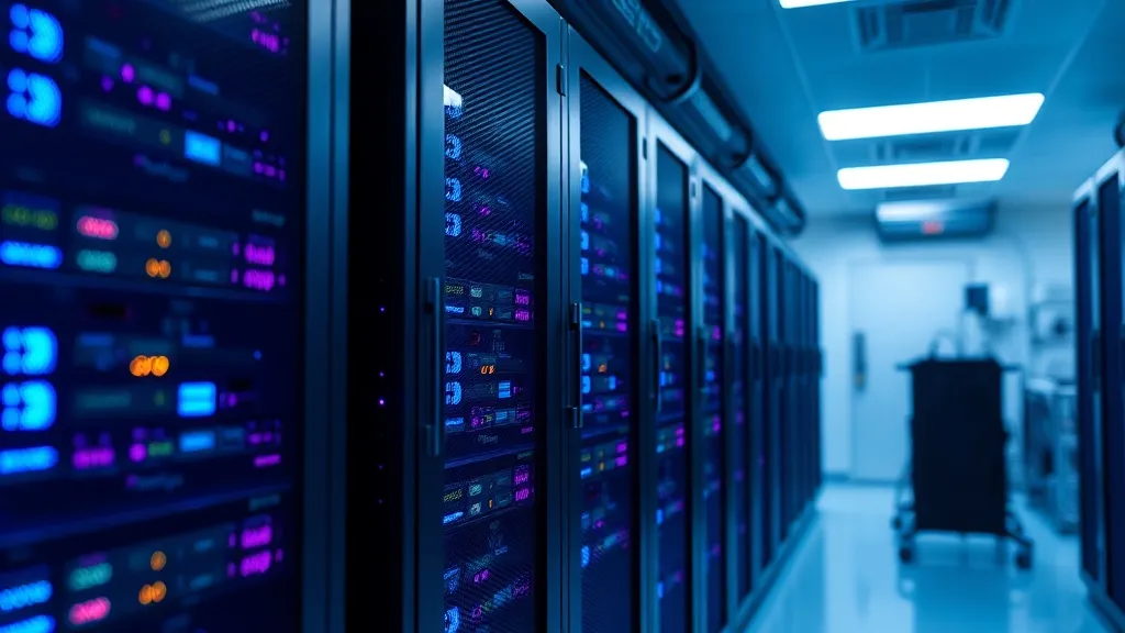Server racks in a medical facility with violet and blue stat