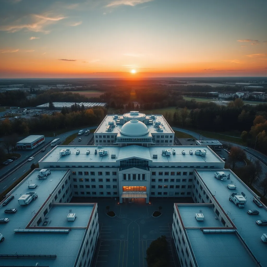 Aerial view of a modern hospital complex in Miskolc, industr