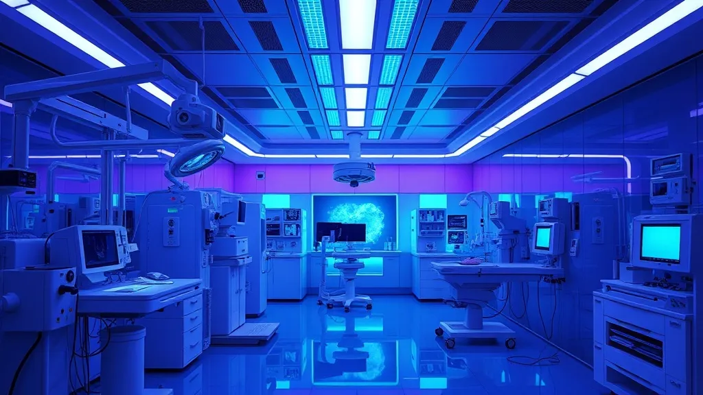 High-tech medical diagnostic laboratory with blue and violet
