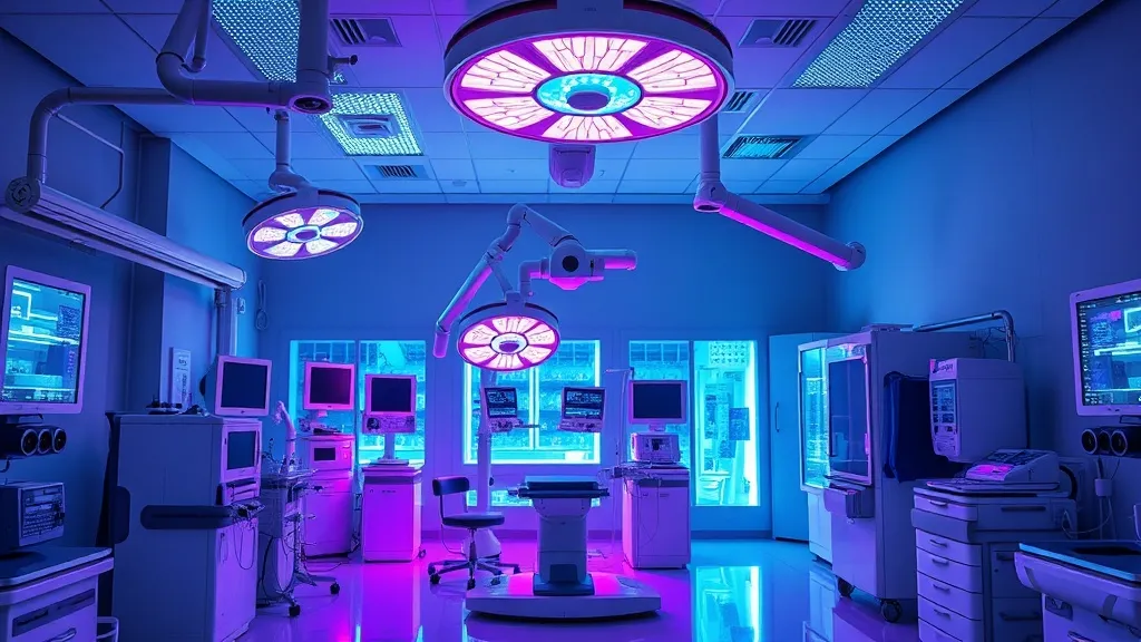 A high-tech medical laboratory with glowing cyan and violet